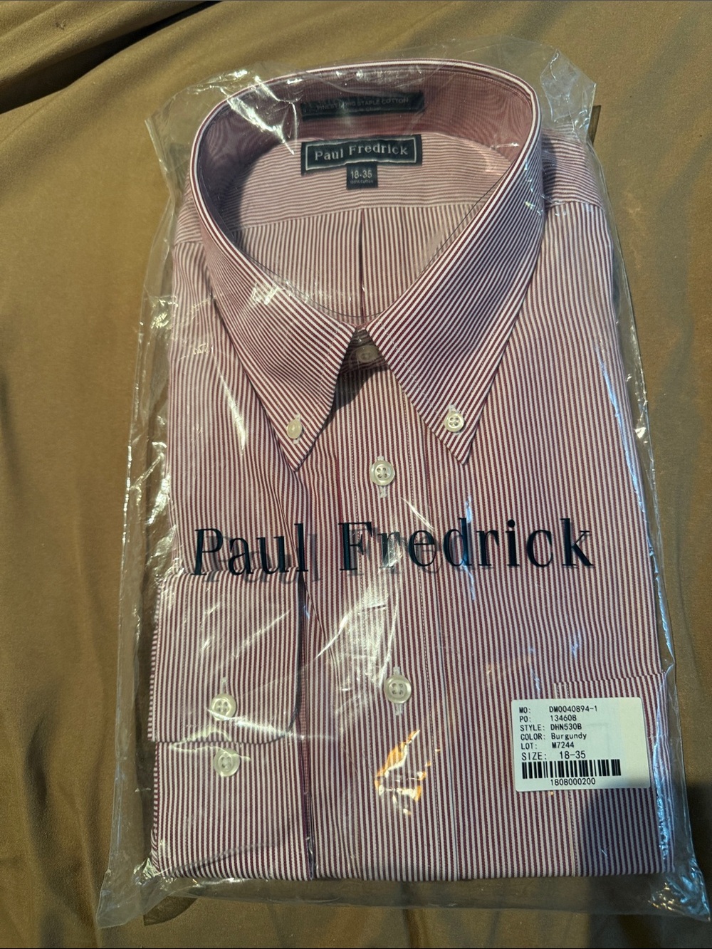 Paul Fredrick Men’s Burgundy and White Micro-Stripe Cotton Dress Shirt 18/35